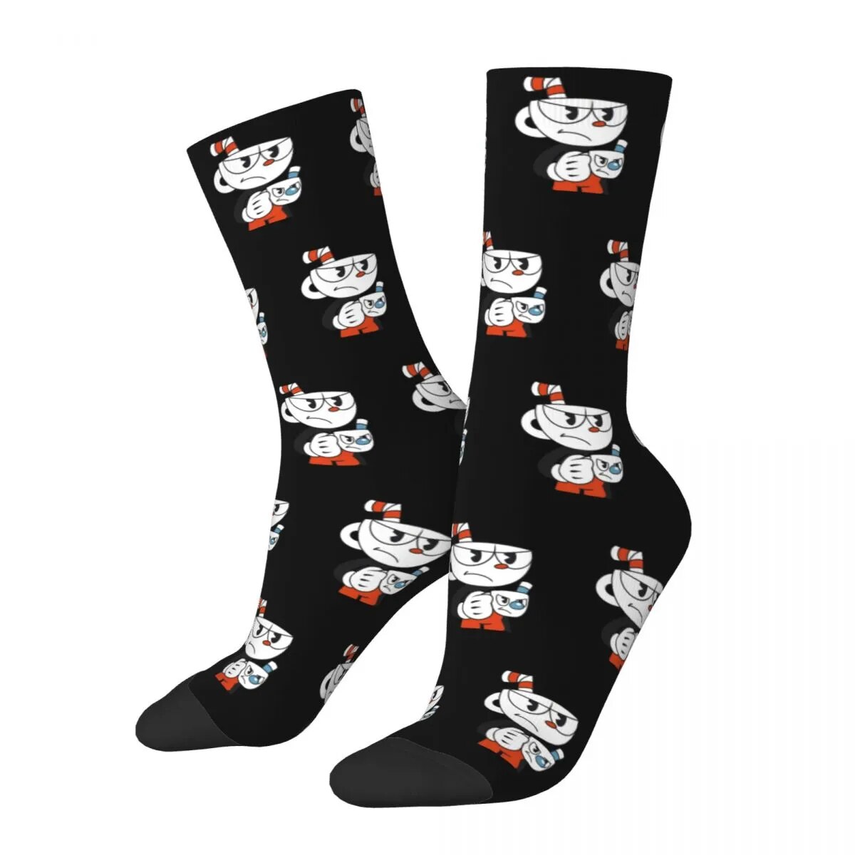 Retro Cuphead And Mugman Angry Basketball Socks Cartoon Polyester Crew Socks for Women Men Sweat Absorbing