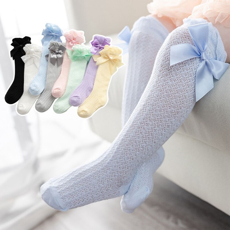 Girls Bowknot In Tube Socks Children Baby Candy Colors Bow Knee High Fishnet Socks Kid Toddler Hollow Out Sock Birthday Gifts
