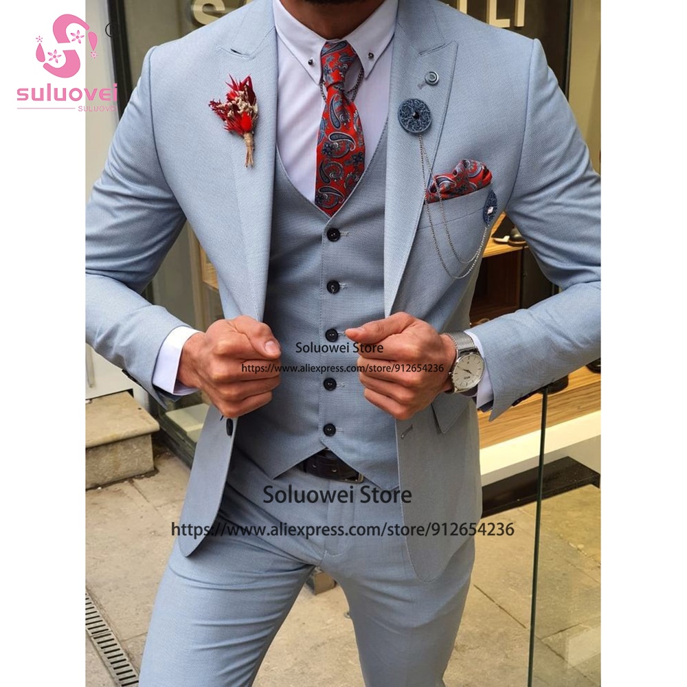 Fashion Groom Wedding Suits For Men Slim Fit Formal Peaked Lapel Tuxedo Male Business Blazer Party 3 Piece Jacket Vest Pants Set