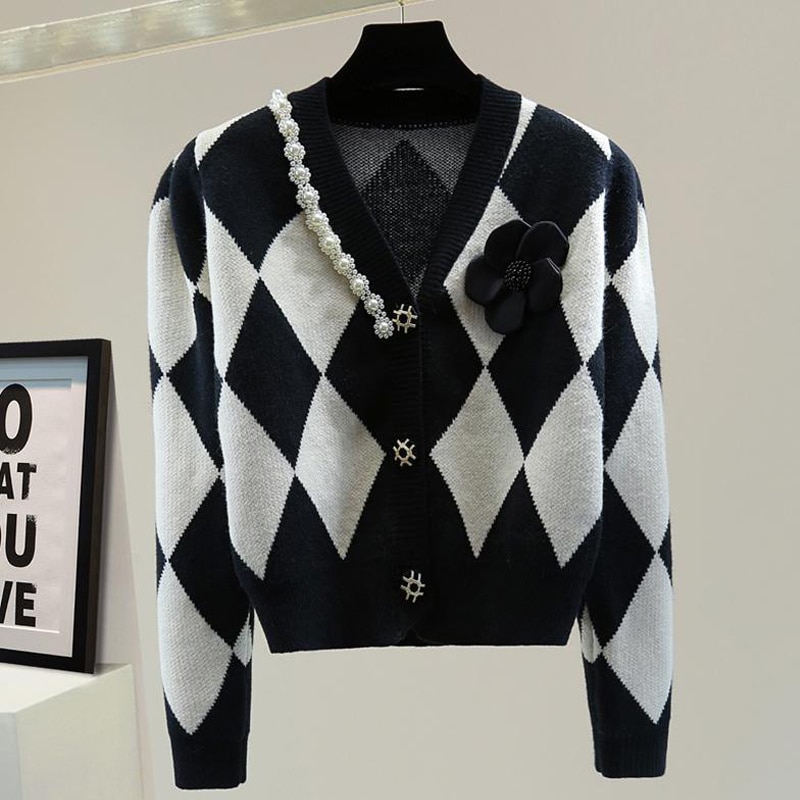 Retro Argyle Beads Elegant Chic V Neck Button Knitted Cardigan Women Spring Autumn Korean Casual Long Sleeve Sweater Top Female