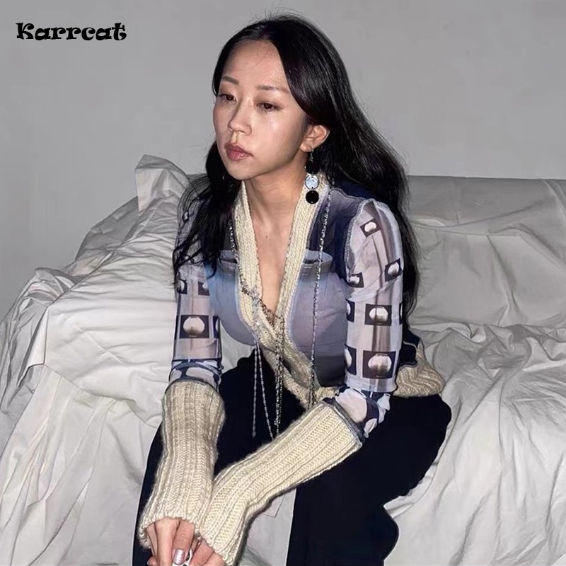 Karrcat Fairycore Mesh Patchwork Cardigan Korean Fashion Designer Clothes Grunge Aesthetics Knitwear Harajuku E-girl Streetwear