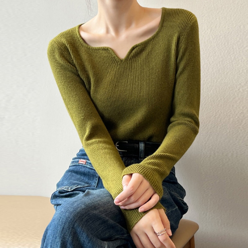 QNPQYX Spring Casual Women Sweaters Simple Knitting Elasticity Tops Solid Color V-neck All Match Loose Render Female Pullovers