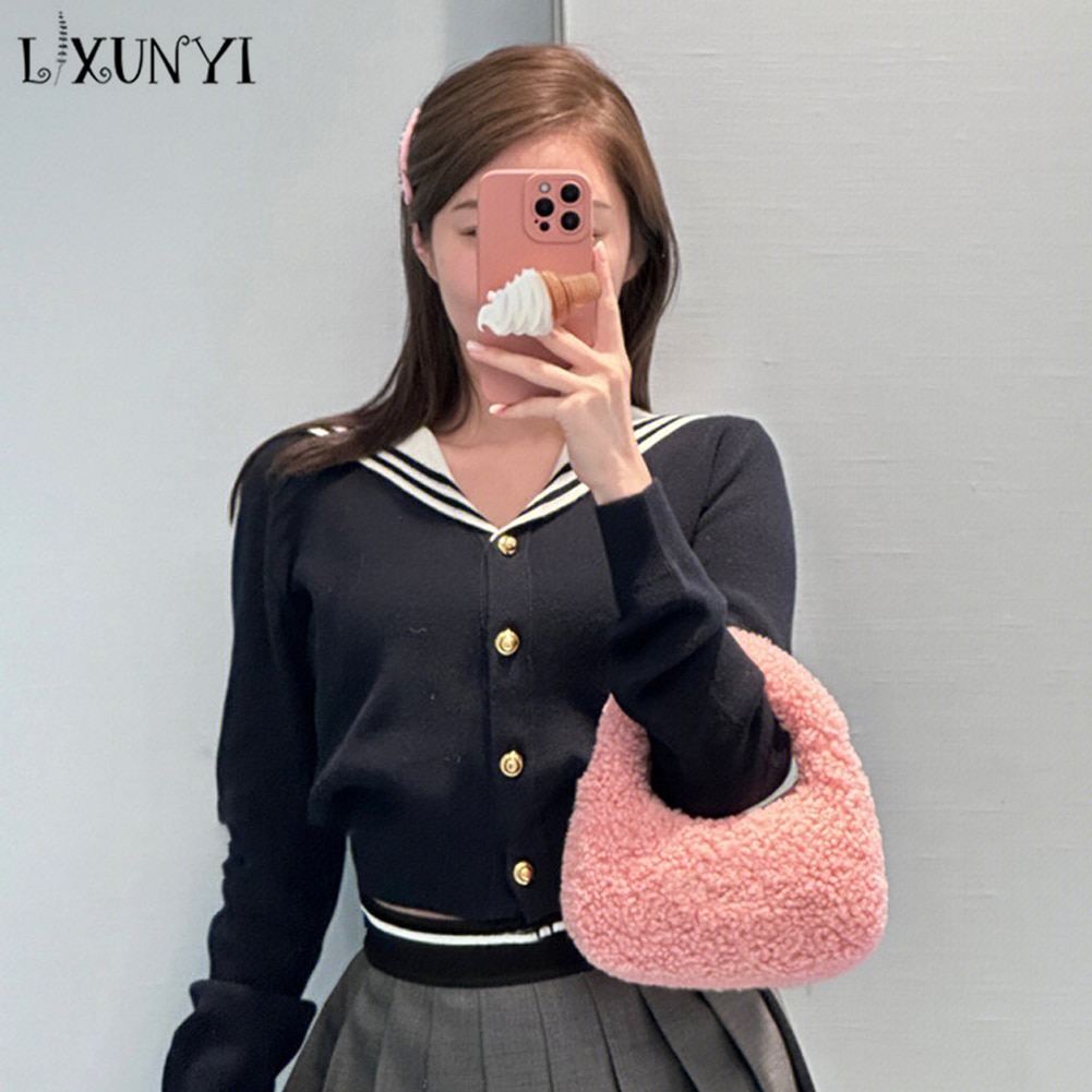 Lxunyi Navy Collar College Knitted Cardigan Women's Autumn Spring Preppy Style Short Stripe Sweater Coat Sailor Collar
