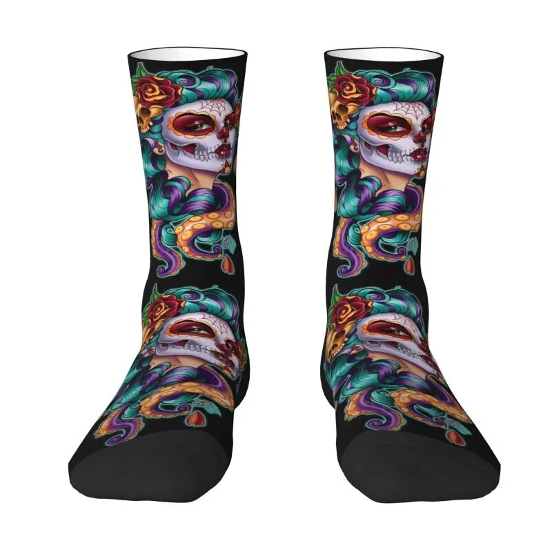 Cute Printed Flower Sugar Skull Tattoo Socks for Women Men Stretch Summer Autumn Winter Day Of The Dead Crew Socks