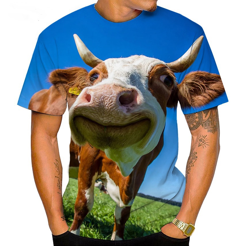 Fashion Men's T-shirt Funny Animal Cow Pattern Print Short-sleeved Bullfight Tops Tees Casual Oversized T Shirt Mens Street