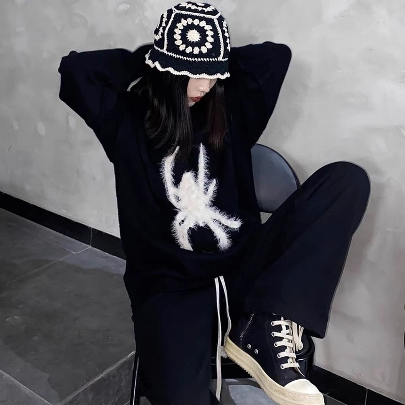 Emo Gothic Y2k Black Sweater Women Korean Japan Fashion Spider Jacquard Punk Tops Female Vintage Pullovers Harajuku Streetwear