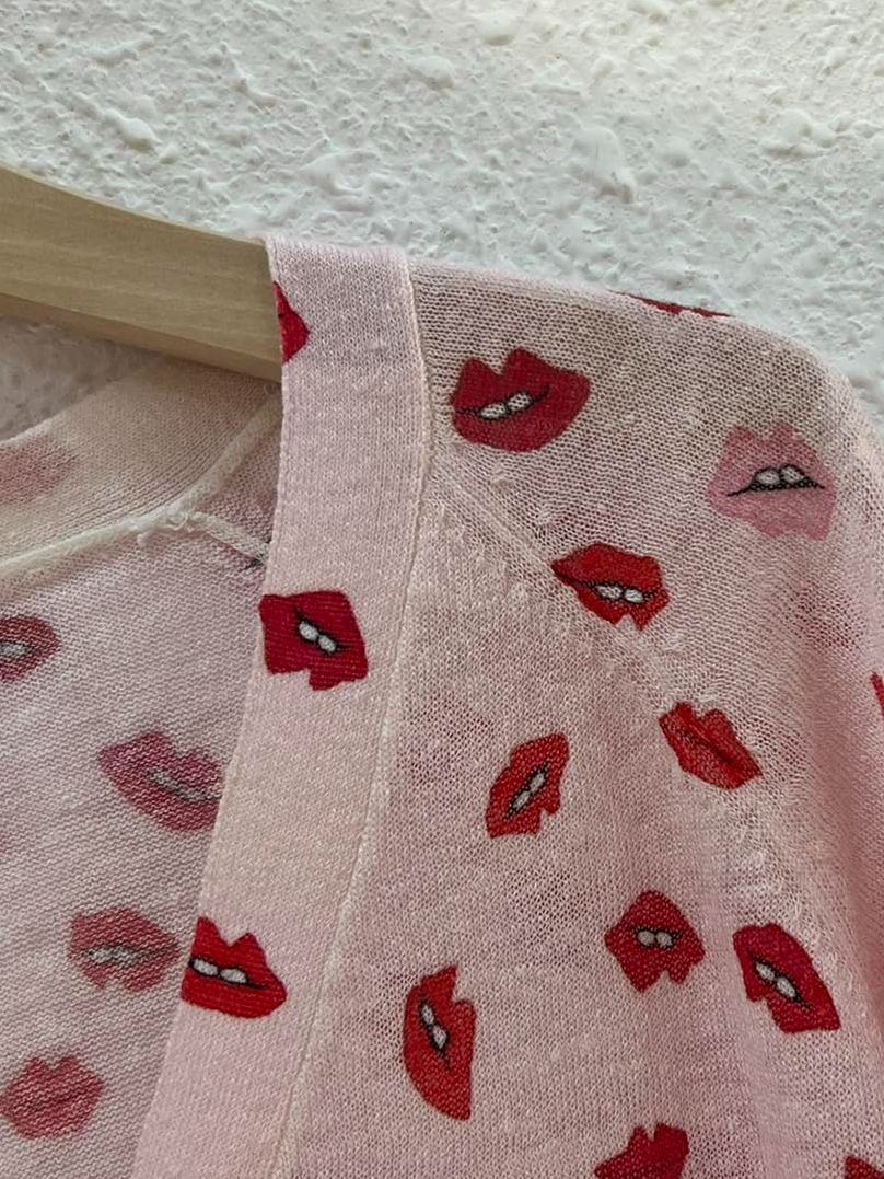 Women's 100% Linen V-Neck Knit Cardigan Lips Pattern Long Sleeve 2023 New Ladies Sweet Single Breasted Sweater Knitwear Top