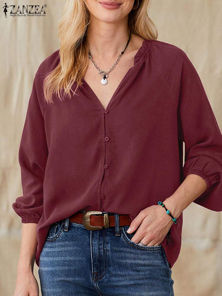 ZANZEA Elegant V Neck Shirt Causal Loose Blouse Women Fashion Solid Button Down Tops Female Long Sleeved Ruffles Blusas Mujer