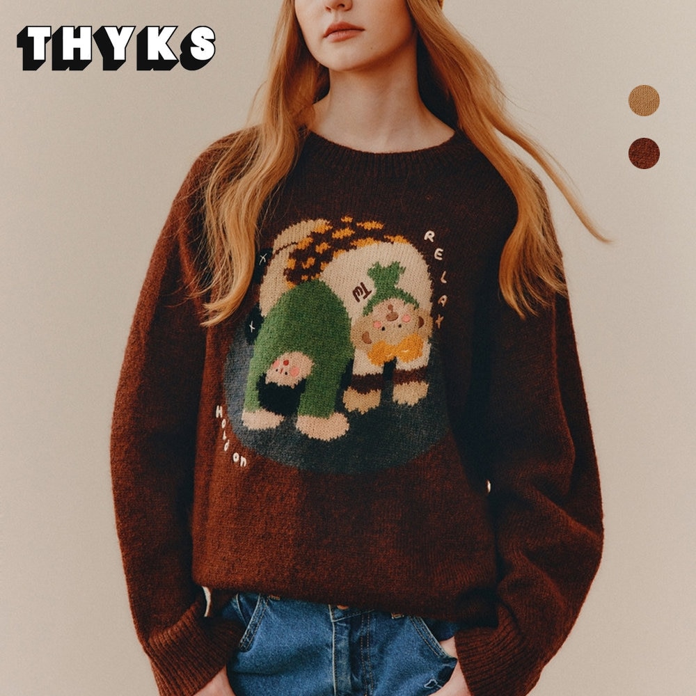 Bear Sweater Women Inset Printing Pullover Japanese Fashion Spring Autumn O Neck Knitwear Casual Loose Cartoon Embroidery Jumper