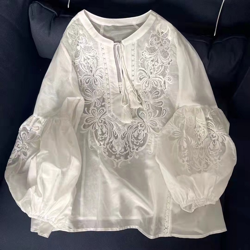 Tops Fashion Designer Blouses 2023 Spring Summer Tops Women Lurex Embroidery Long Sleeve Casual Loose White Silk Cotton Blouse