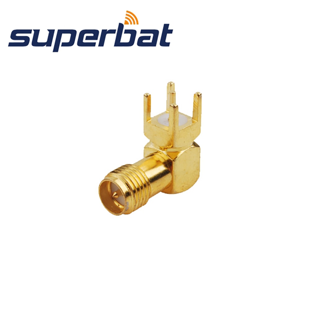 Superbat 10pcs RP-SMA thru hole Female(male pin) Right Angle PCB Mount with Solder Post Connector