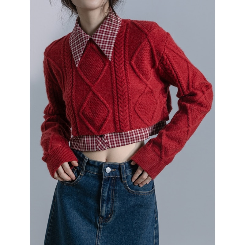 Women's Clothes Red Sweater Two Piece Set Shirt Fashion Vintage Lazy Wind Winter Female Knitting Long Sleeves Short Pullove