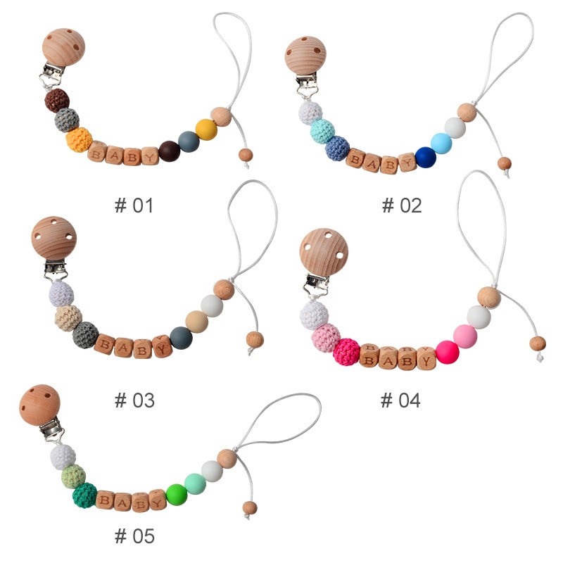 1pc Pacifier Clips for Infant Baby Boy Girl Beech Wood Silicone Plush Ball Pacifiers Leashes Nipple Accessories