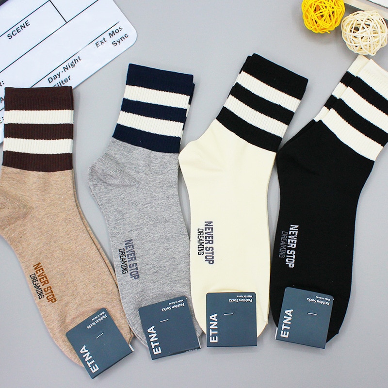 Striped Man Sock Business for Men Socks Crew White Cotton Sox Korean Soft Kawaii Hosiery Autumn Winter Casual Mens Stockings