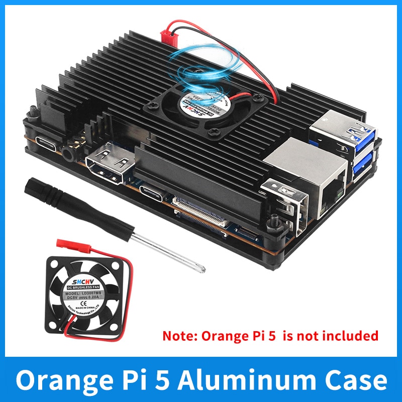 Orange Pi 5 Aluminum Alloy Case Active & Passive Metal Cooling Enclouse with Fan Heat Sinks Protection Box for Orange Pi 5