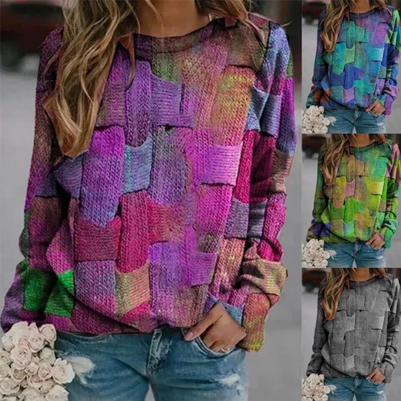 2022 Autumn Vintage Pullovers Women Casual Long Sleeve O-Neck Printed Sweaters Winter New Fashion Loose Female T-Shirt Tee Tops