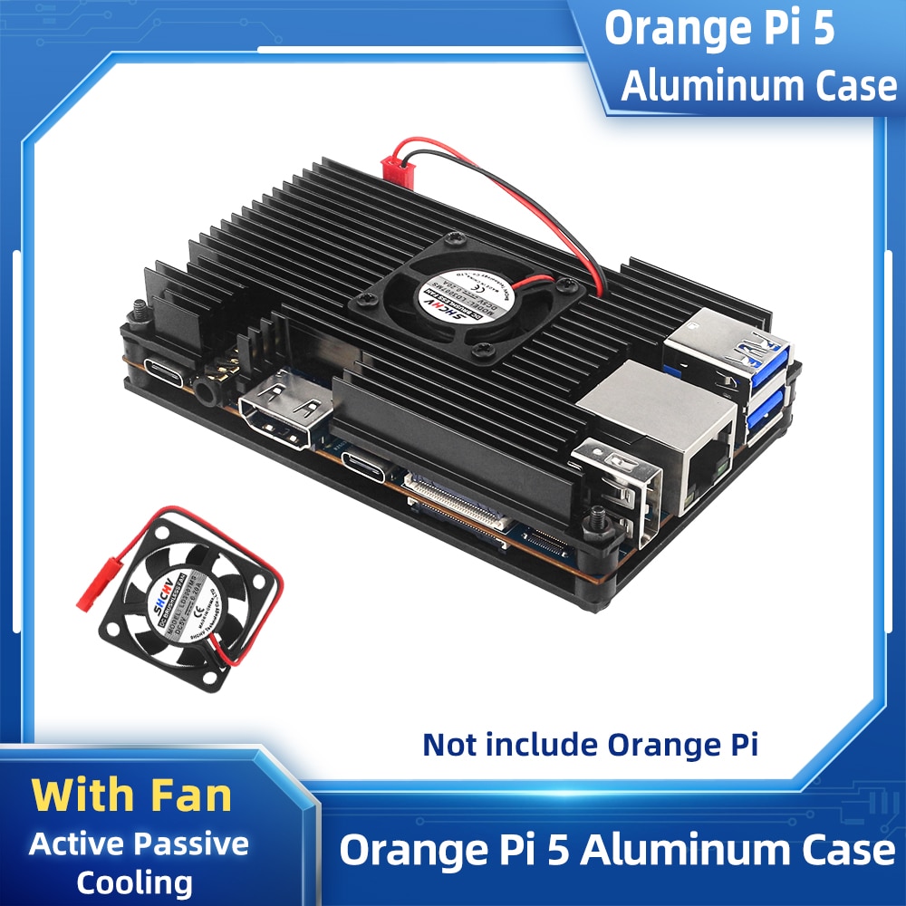 Orange Pi 5 Aluminum Case with Fan Active Passive Cooling Radiator with Heatsink Black Metal Shell for Orange Pi 5 / 5B