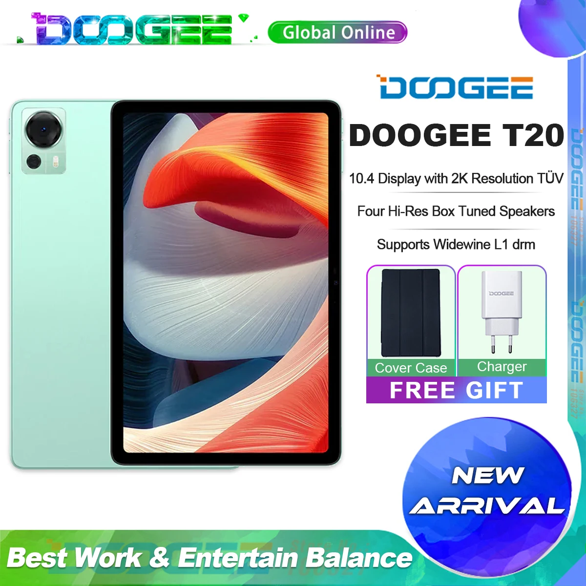 DOOGEE T20 Tablet PC 10.4" 2K TÜV Certified Display 8GB+256GB Octa Core Widevine L1 Four Hi-Res Speakers 8300mAh Battery Ta
