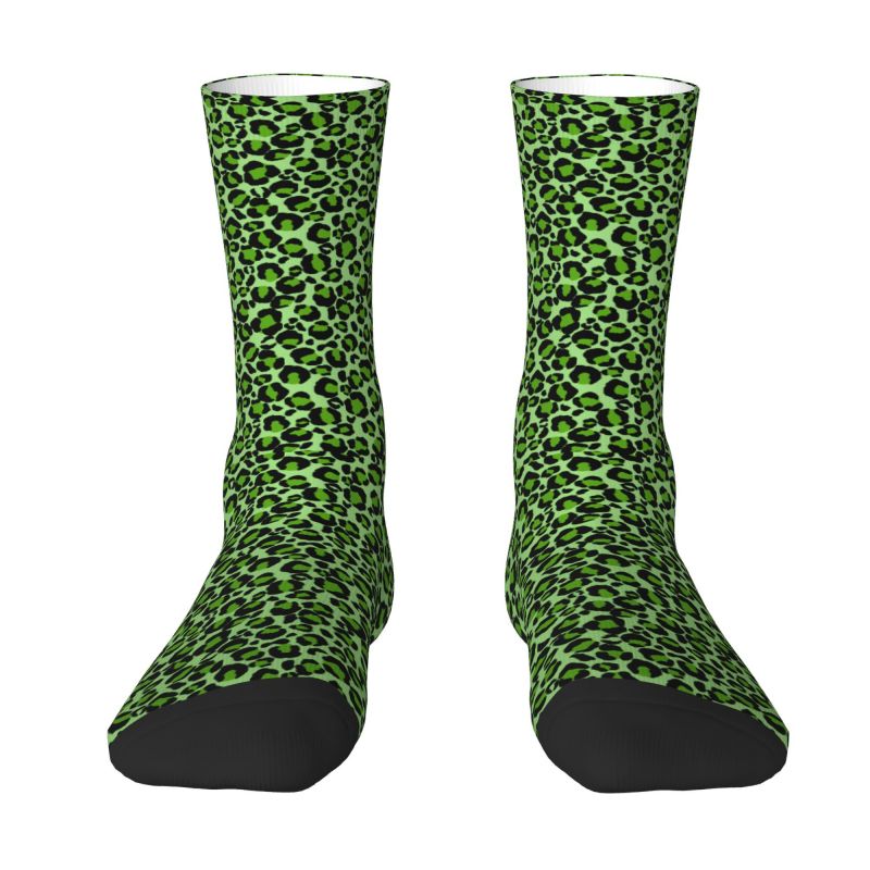 Green Leopard Cheetah Skin Printed Men Women Crew Socks Unisex Novelty 3D Print Animal Dress Socks