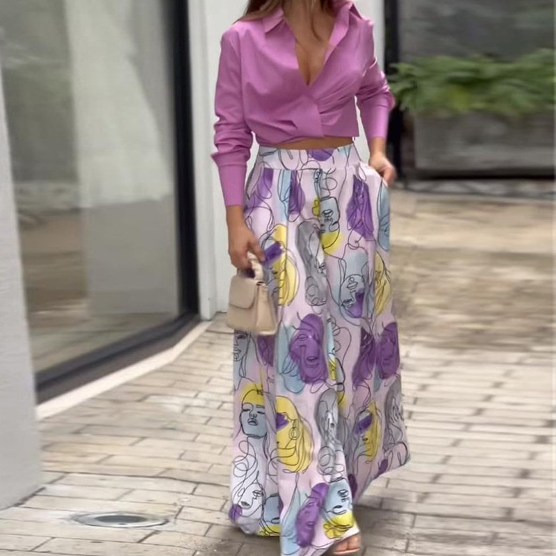 Chic Lady Party Club Outfits Fashion Print Summer High Waist Pants Sets Women Long Sleeve V Neck Blouse Tops Two Piece Set Suits