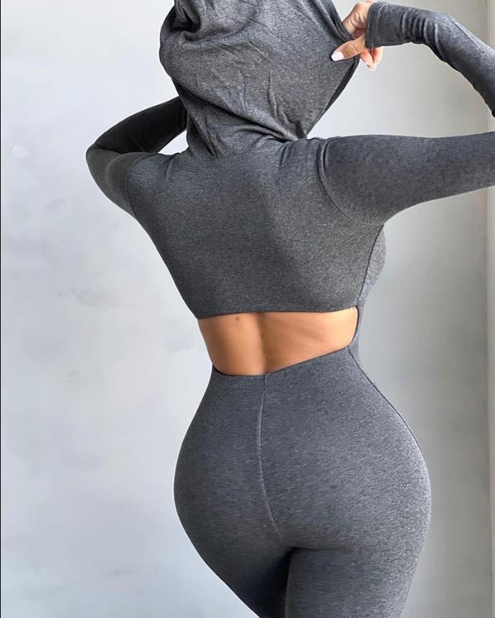 Cutout Hooded Long Sleeve Jumpsuit & Tight fitting woman sexy sweatpants