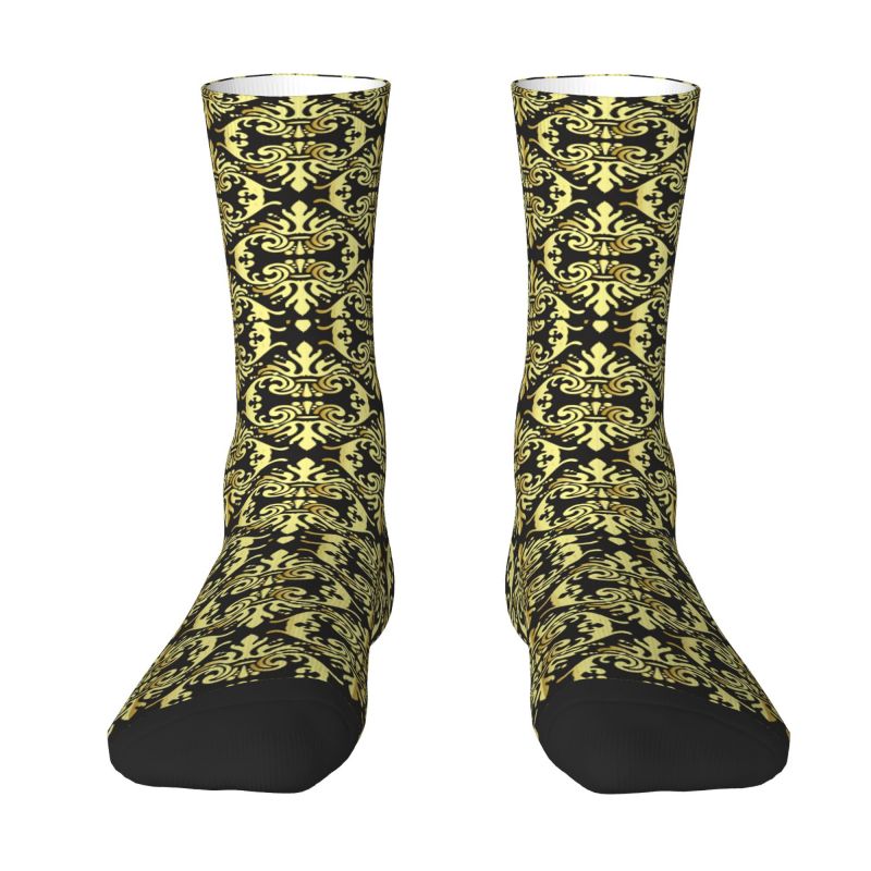 Fashion Mens Gold And Black Baroque Damask Dress Socks Unisex Breathbale Warm 3D Print European Floral Crew Socks