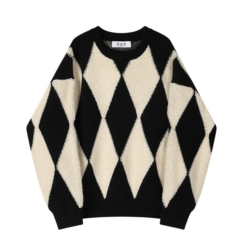 Women's Clothes Black Sweater Rhombic Lattice Color Contrast Fashion Vintage Lazy Wind Winter Female Knitting Pullover Tops