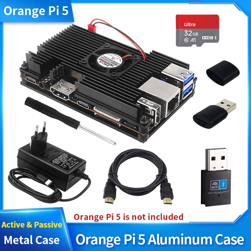 Orange Pi 5 Aluminum Alloy Case Active & Passive Metal Enclosure with Cooling Fan Optional Power Supply USB WiFi & BT Ad
