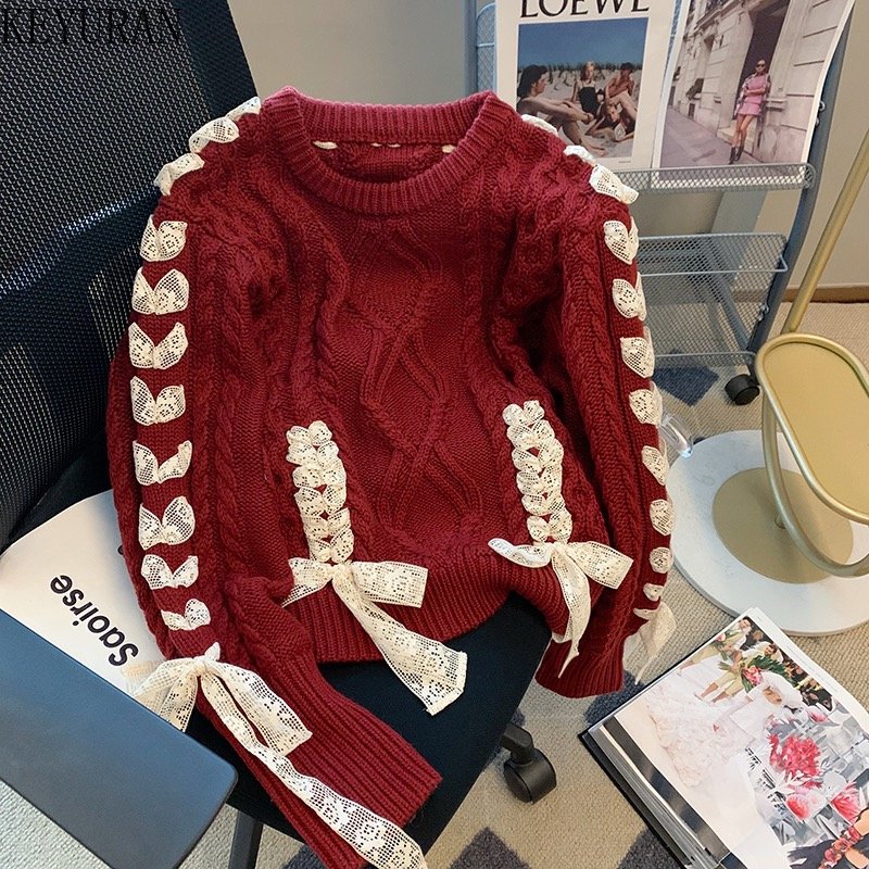 Red Bow Lace-up Pullover Sweater Women's Pullover Autumn Winter Vintage O-Neck Long Sleeve Short Knitted Sweaters Mujer Jum
