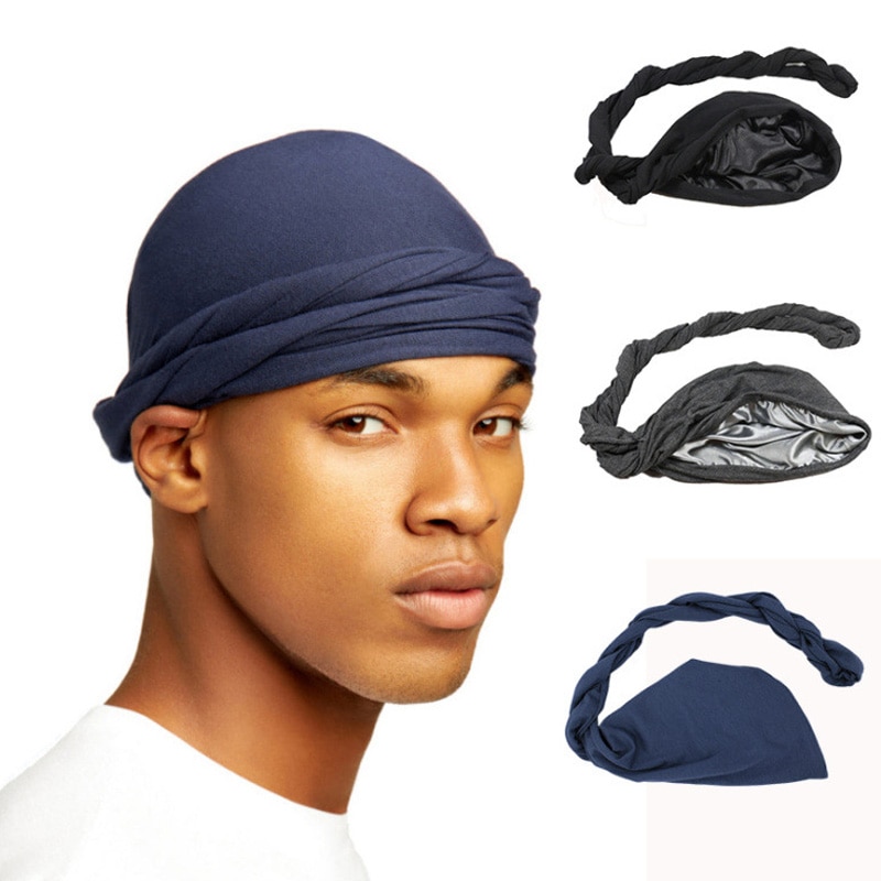 Men's Turban Hat Satin Lining Stretchy Men Bandana Indian Cap Fashion Male Hip Hop Caps Headband Biker Headwrap