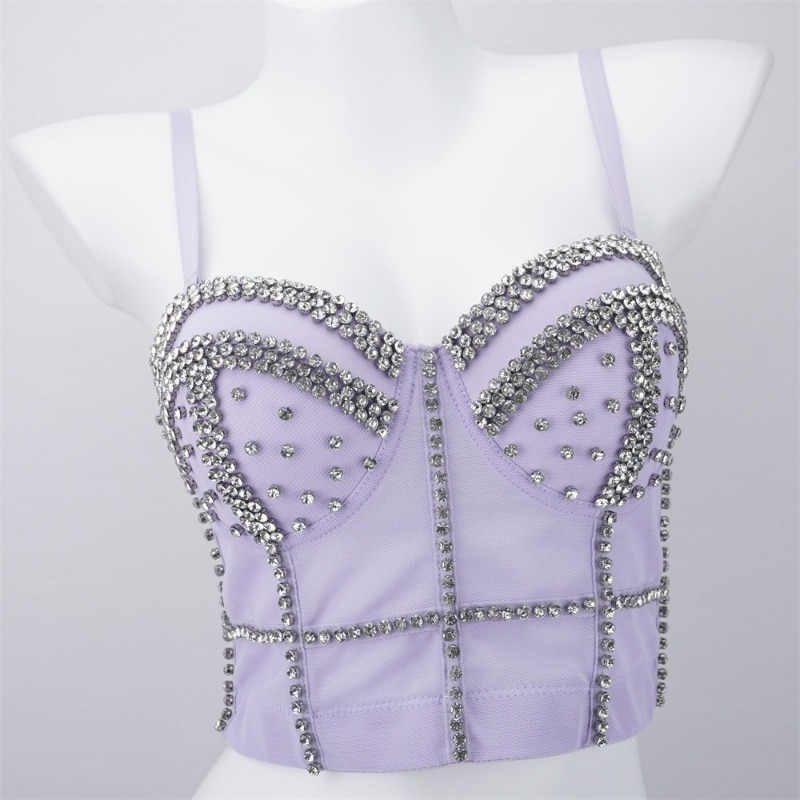 Night Club Party Tank Beaded Quality Diamonds Women's Corset Tops Padded Crop Top Bustier camisole Red
