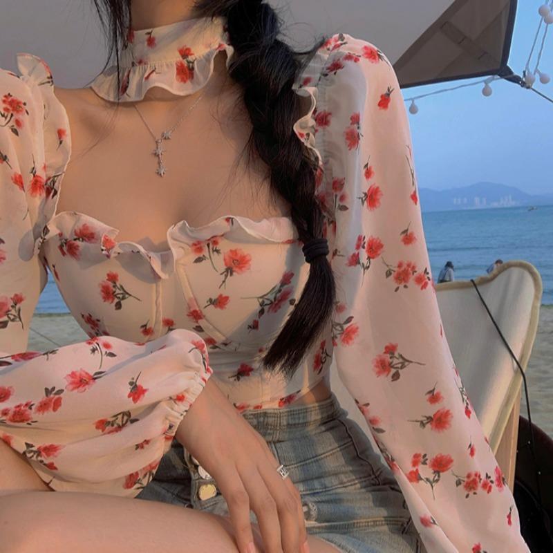 Autumn Woman Floral Print Sweet Loose Clothes Lace Up Ruffled Blouses Female Fashion Square Collar Tops Vintage Lace Shirts G136