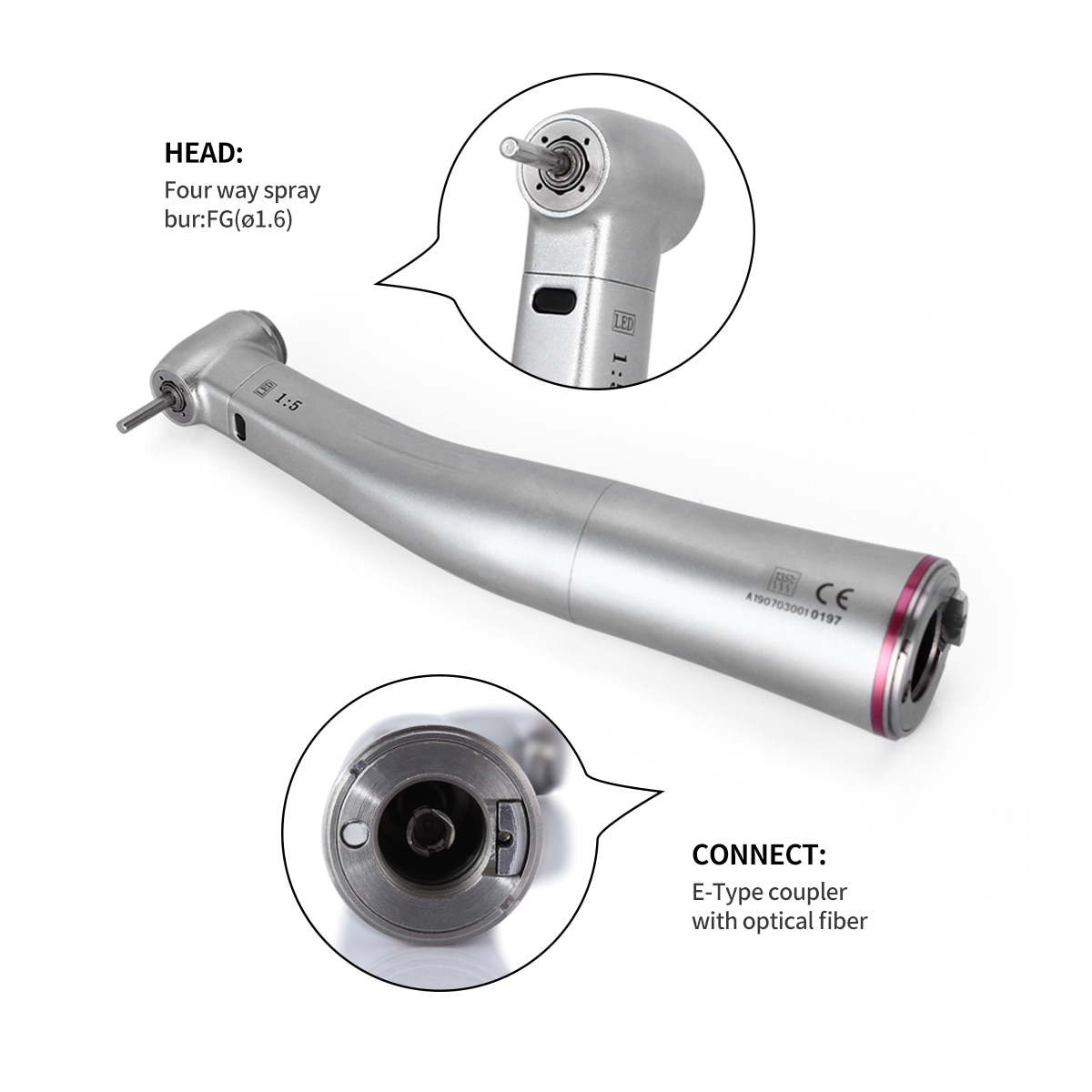 Dental Fiber Optical LED 1:5 Contra Angle Increasing Handpiece Four Water Spray E-Type Interface Dentistry Equipment