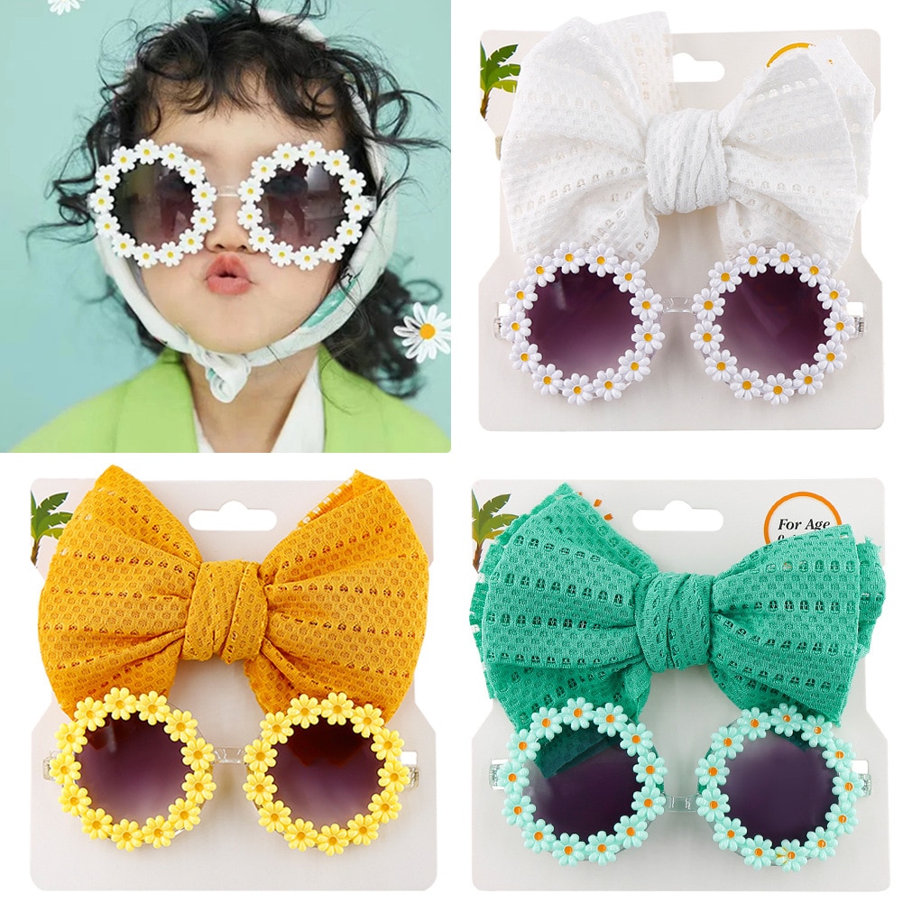 Round Flower Sunglasses With Elastic Nylon Baby Headband Bohemia Beach Seaside Sun Glasses Kids Puff Bow Headwear