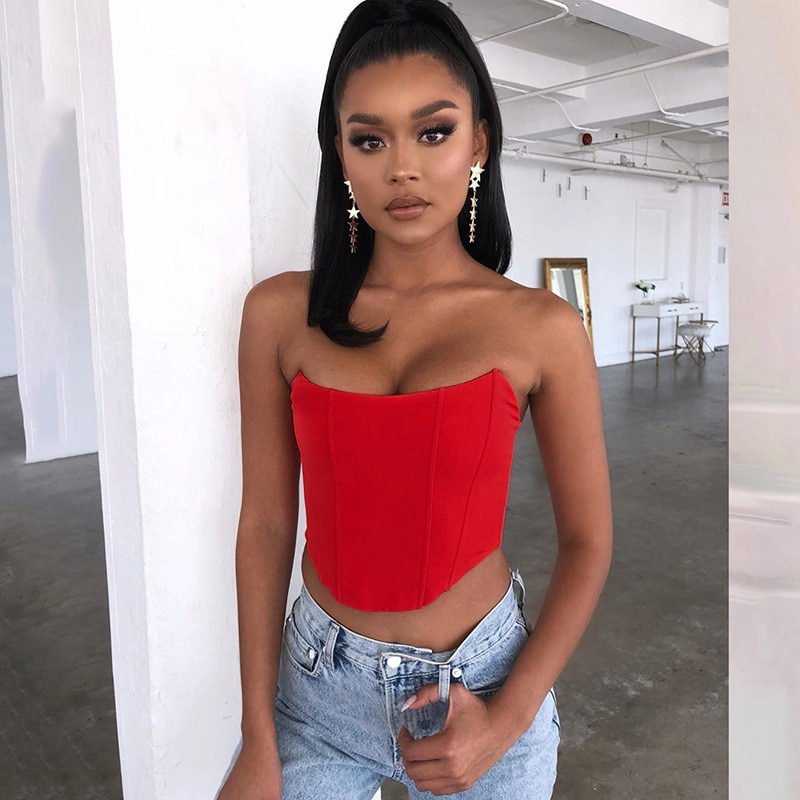 black corset crop tops for women bandeau strapless shirt satin off the shoulder backless tube top bustier slim fit sliky