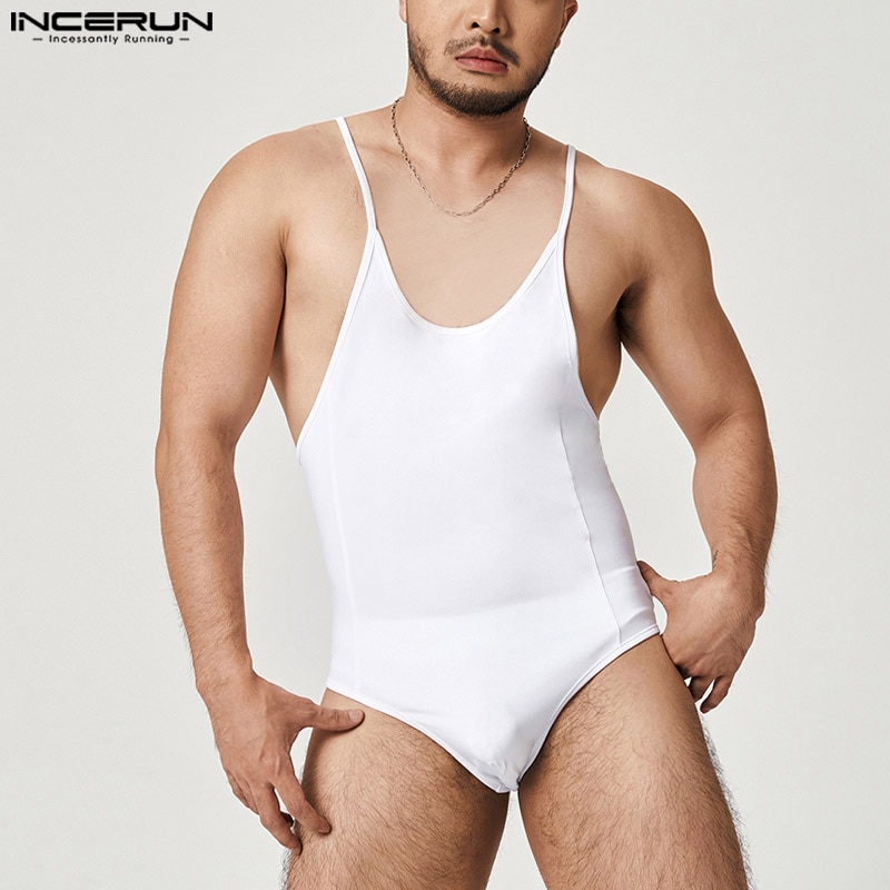 INCERUN Men Bodysuits Solid Color O-neck Sleeveless Sexy Pajamas Rompers 2023 Summer Skinny Straps Bodysuit Men Underwear S-5XL