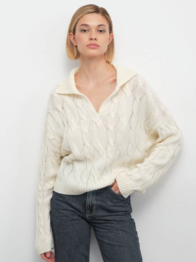 Women V-neck fashion simple sweater Long sleeve V-neck lapel solid color knitted jumper top