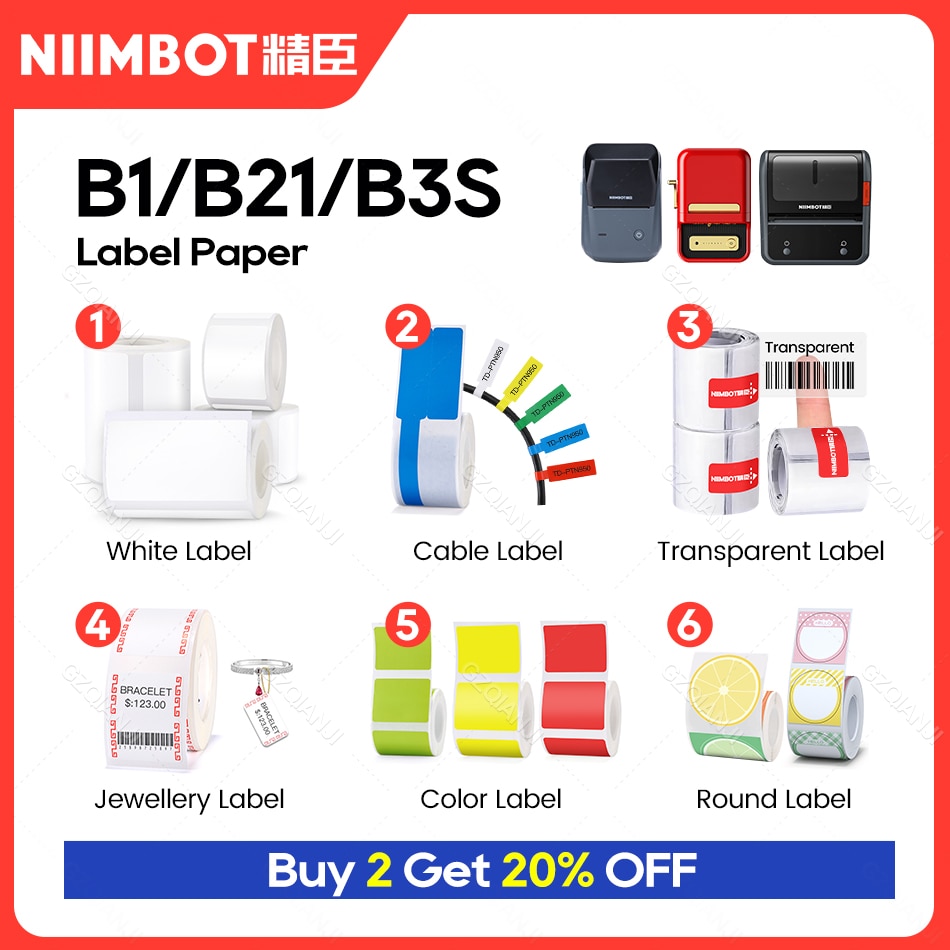 Niimbot B21 B1 20-50mm Label Thermal Printer Paper Rolls Color White Transparents Blank Label Barcode Sticker for Labeller B3S