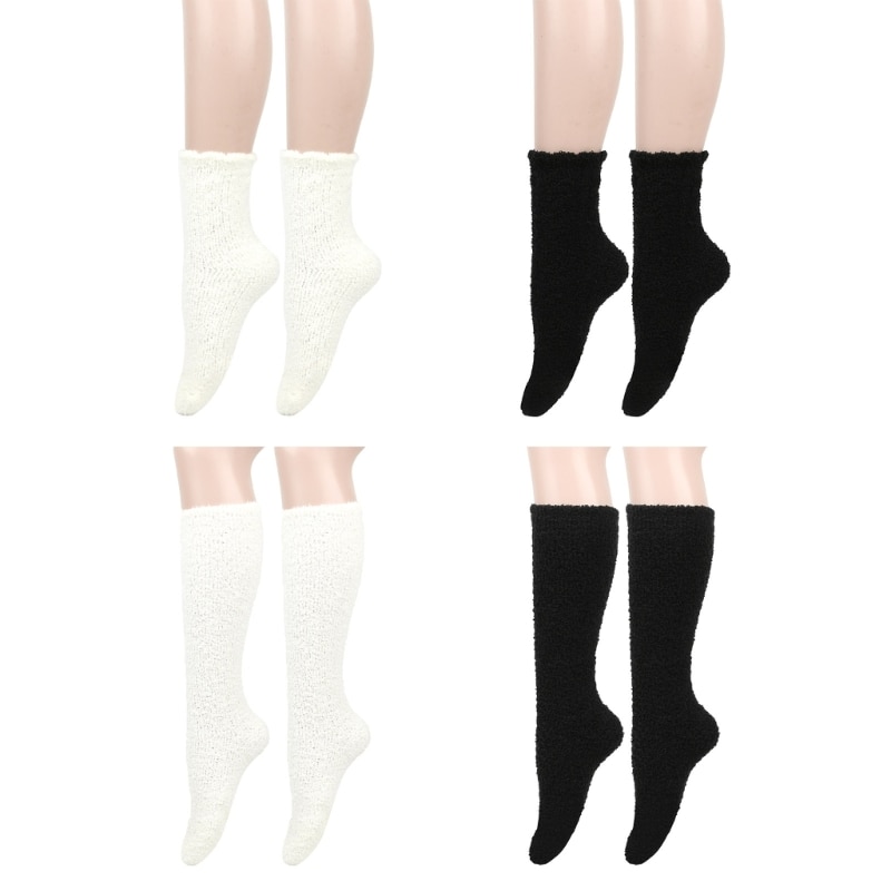 Women Fuzzy Slipper Long Calf Socks Thicken Warm Solid Color Home Sleep Hosiery