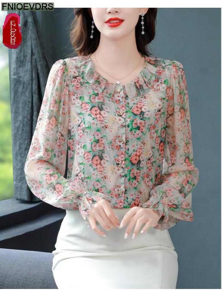 Peter Pan Collar Tops Blouses New 2023 Spring Summer Cute Sweet Button Pink Ruffles Floral Print Blouses