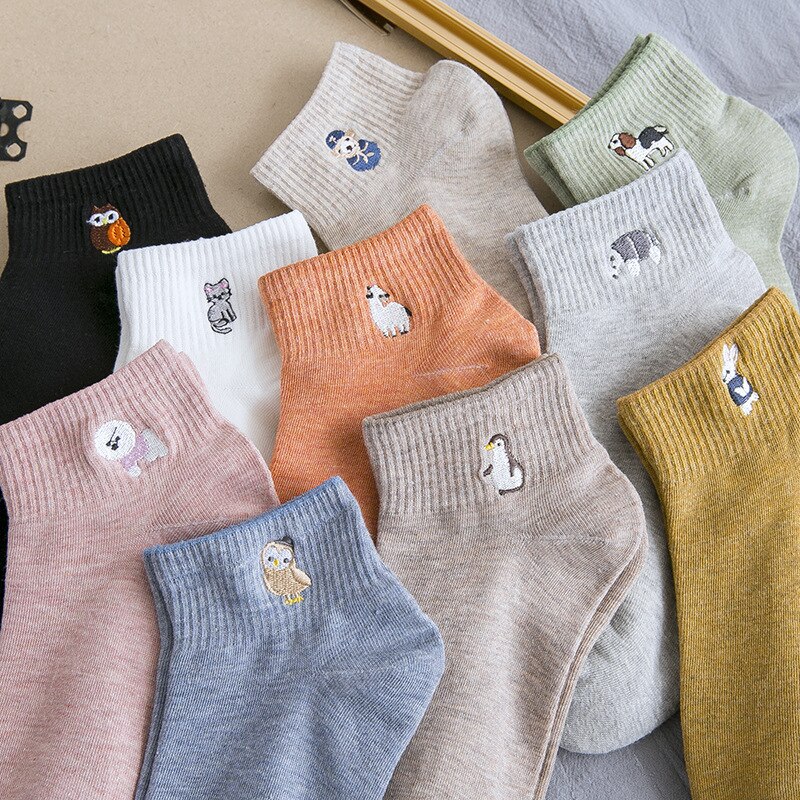 Animal Cotton Women Socks Slipper Cartoon Cute Cat Dog Embroidered Japanese Summer Ankle Spring White Black Girl Korea Style