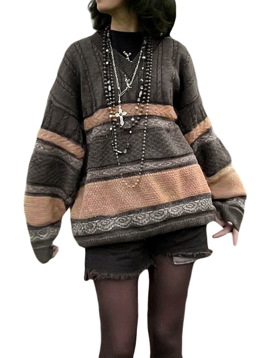 Women Fashion Wild Sweater Stripe V Neck Long Sleeve Oversized Knitted Tops Casual Loose Fit Pullover Sweater