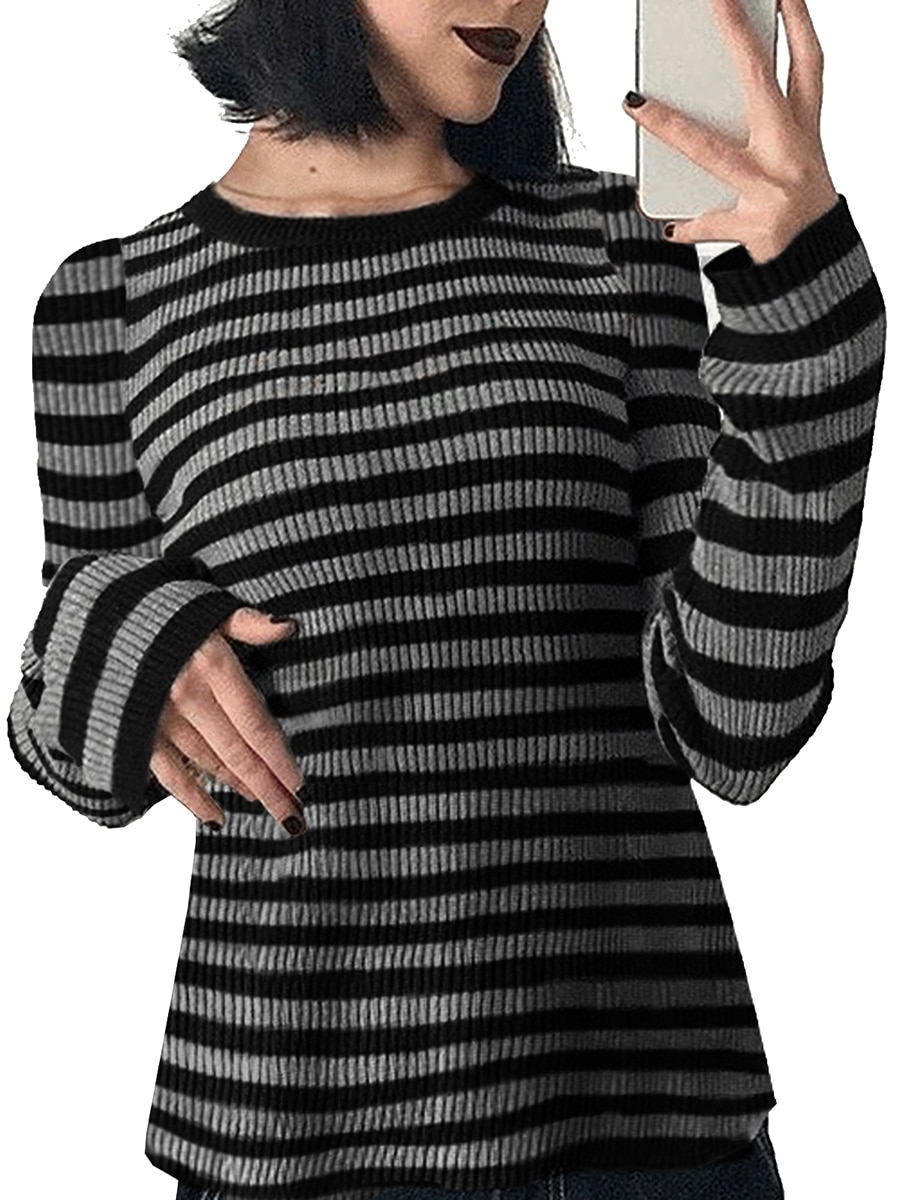 Womens Knit Striped Sweater Pullover Y2K Streetwear Crewneck Long Sleeve Preppy Fall Winter Jumper Tops