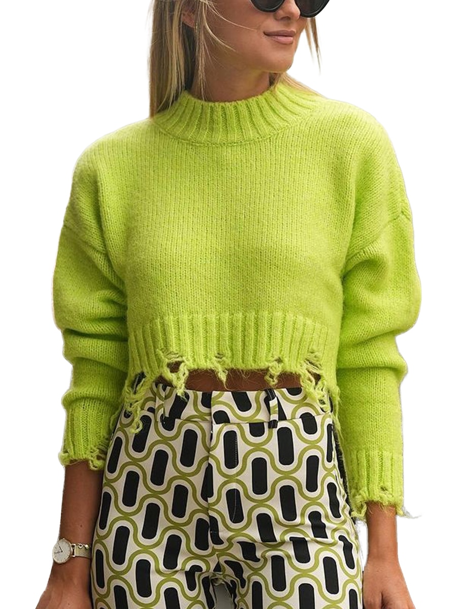 Women s Autumn Short Sweater Solid Color Knitting Long Sleeve Round Neck Ripped Hem Crop Knitwear