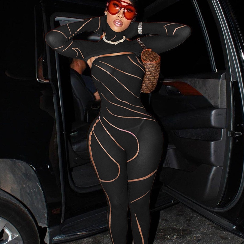 See Through Long Sleeve Skinny Night Club Overalls Female Ropers Women Sexy Hollow Out Knitted Hooded Jumpsuit