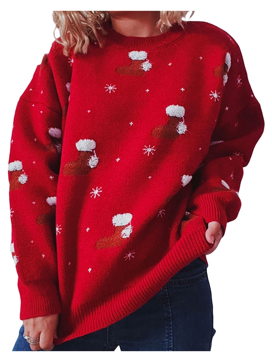 Women s Christmas Sweater Knit Warm Crew Neck Long Sleeve Pullover Sweater Christmas Print Sweatshirt Knit Tops