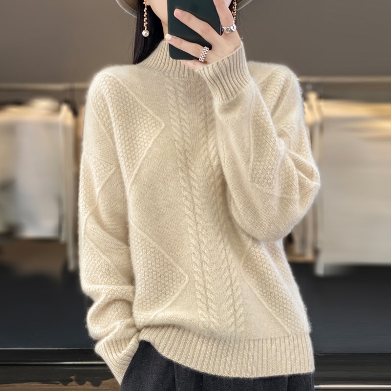 Winter New Thickened Warm Oversized Women's Office Dress Korean Fashion 100% Merino Wool Sweater Soft Skin-friendly Pullove