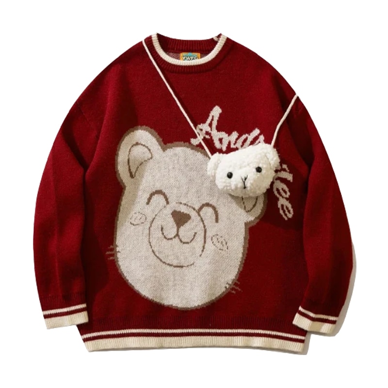 Harajuku Men's Pullover Jacquard Cartoon Bear Knitted Sweater Simple High Class Round Neck Top Autumn and Winter Couple&apo