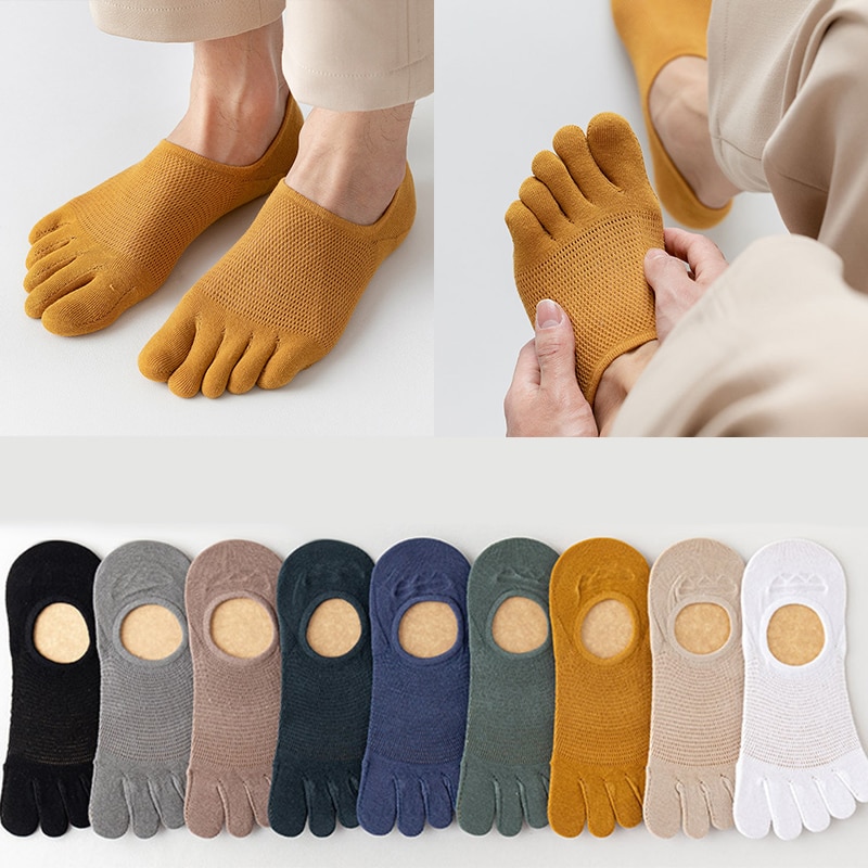 3 Pairs Men's Fashion Open Toe Sweat-absorbing Boat Socks Cotton Breathable Invisible Ankle Short Socks Elastic Man Finger 