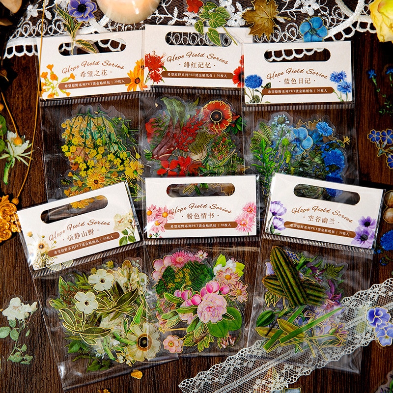 30pcs PET Gilded Plant Flower Sticker Package Sticker